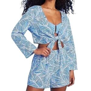 Shade & Shore 2 Piece Set‎ Linen Blend Blue Tropical Print Top and Shorts